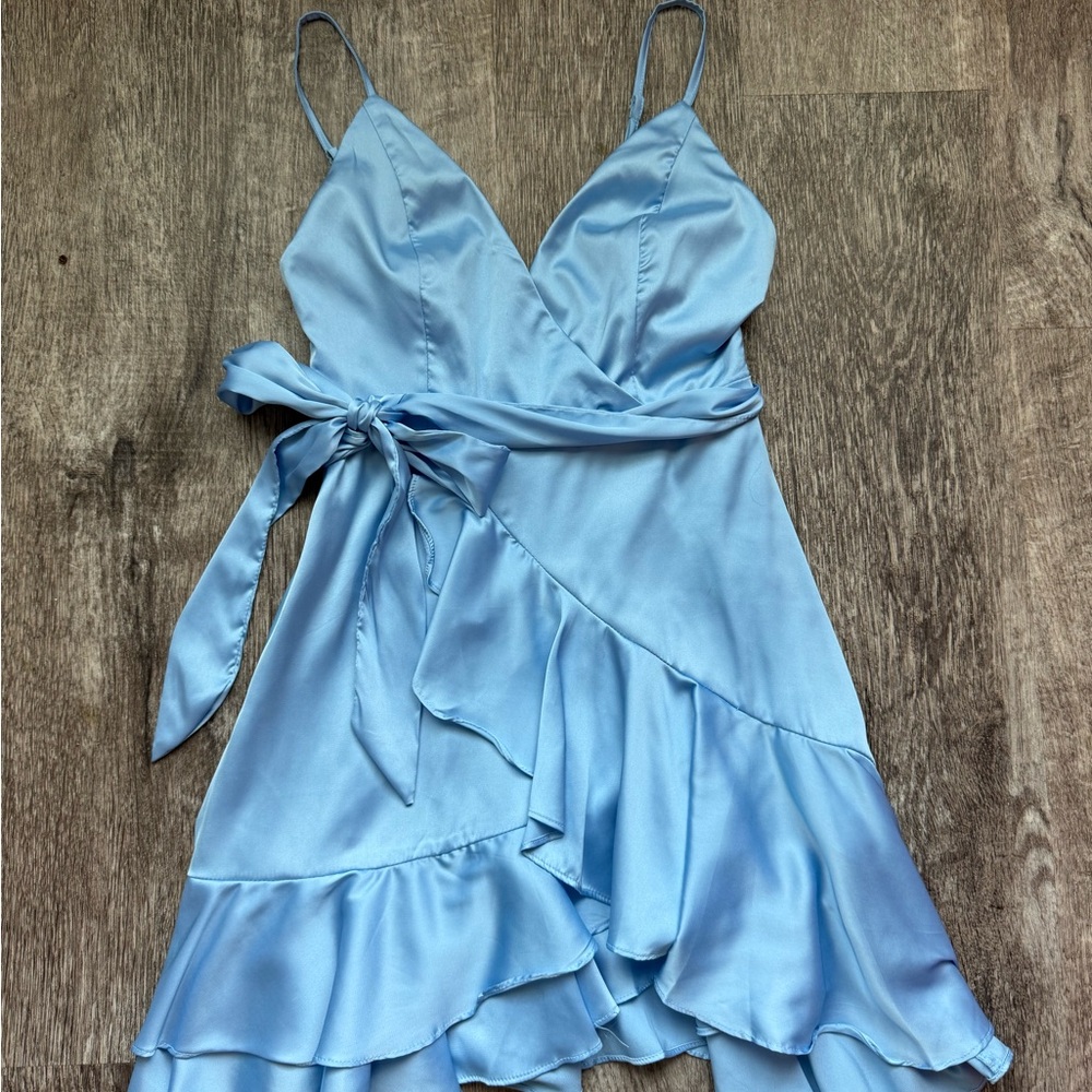 Blue Satin Wrap Dress